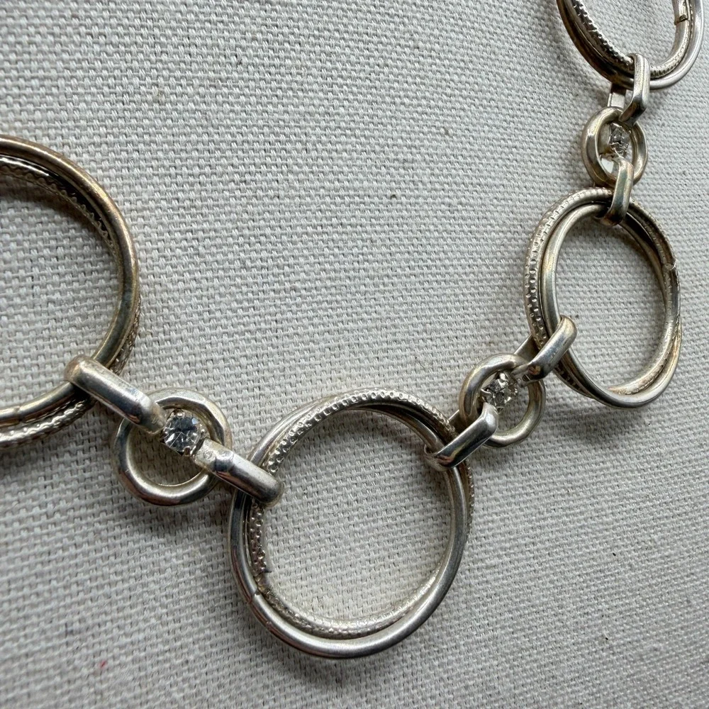 Silver Tone Circle Link Statement Necklace Rhinestone Accents Modern Geometric